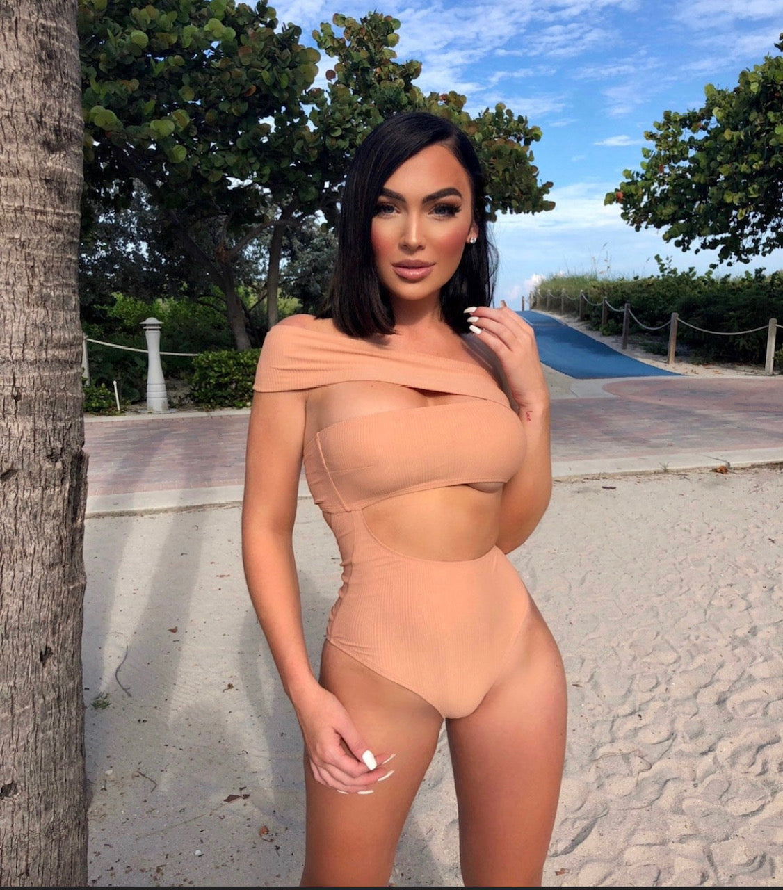 Nude Ribbed One Shoulder One Piece